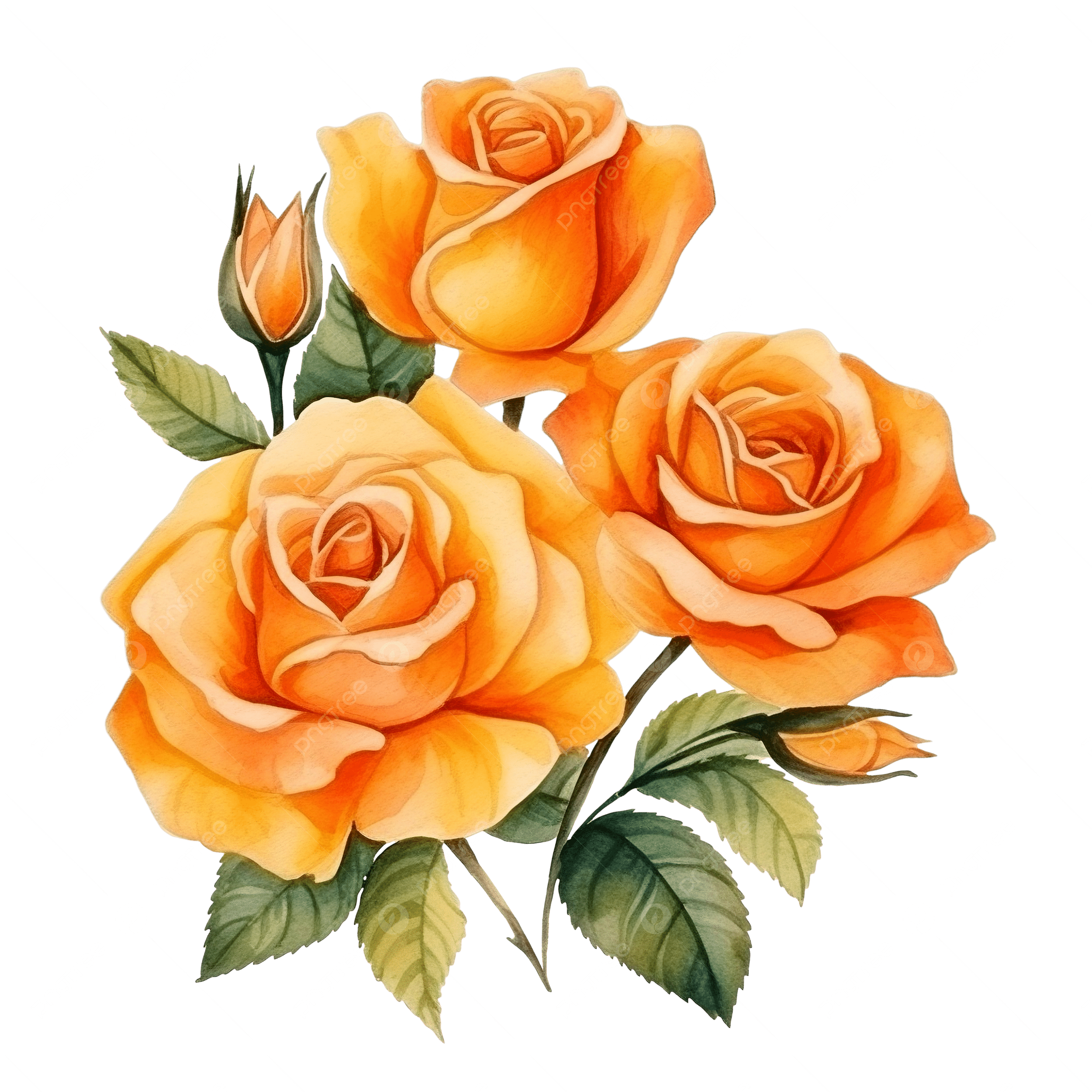 Orange Rose Flowers Watercolor Illustration Flower Flora Petal 