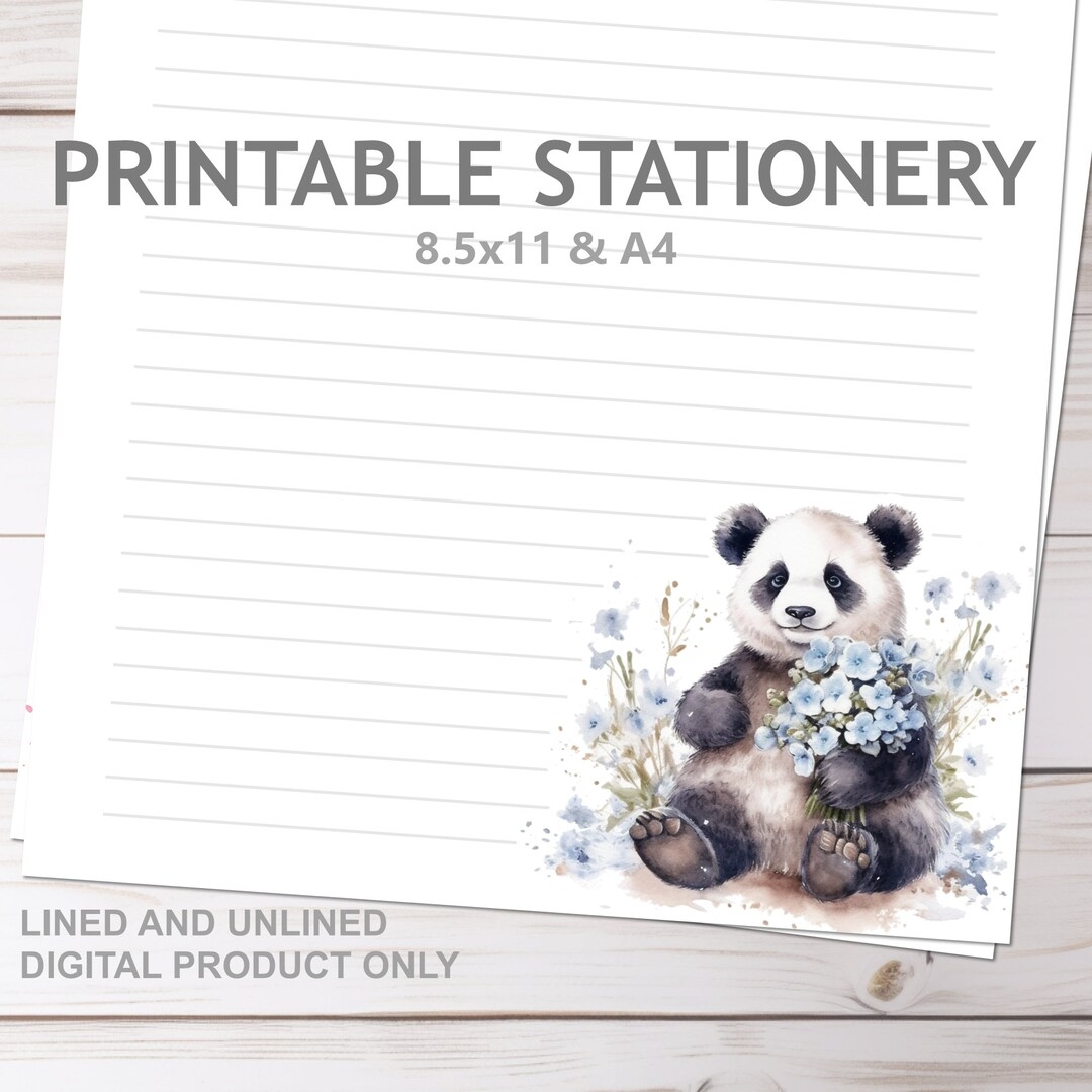 Panda With Flowers And Bamboo Printable Stationery Set Lined And Unlined In A4 And 8 5x11 Letter Size Print At Home Writing Paper Etsy