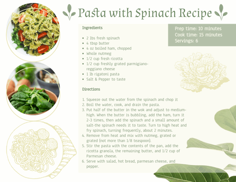 Pasta With Spinach Recipe Card Recipe Card Template
