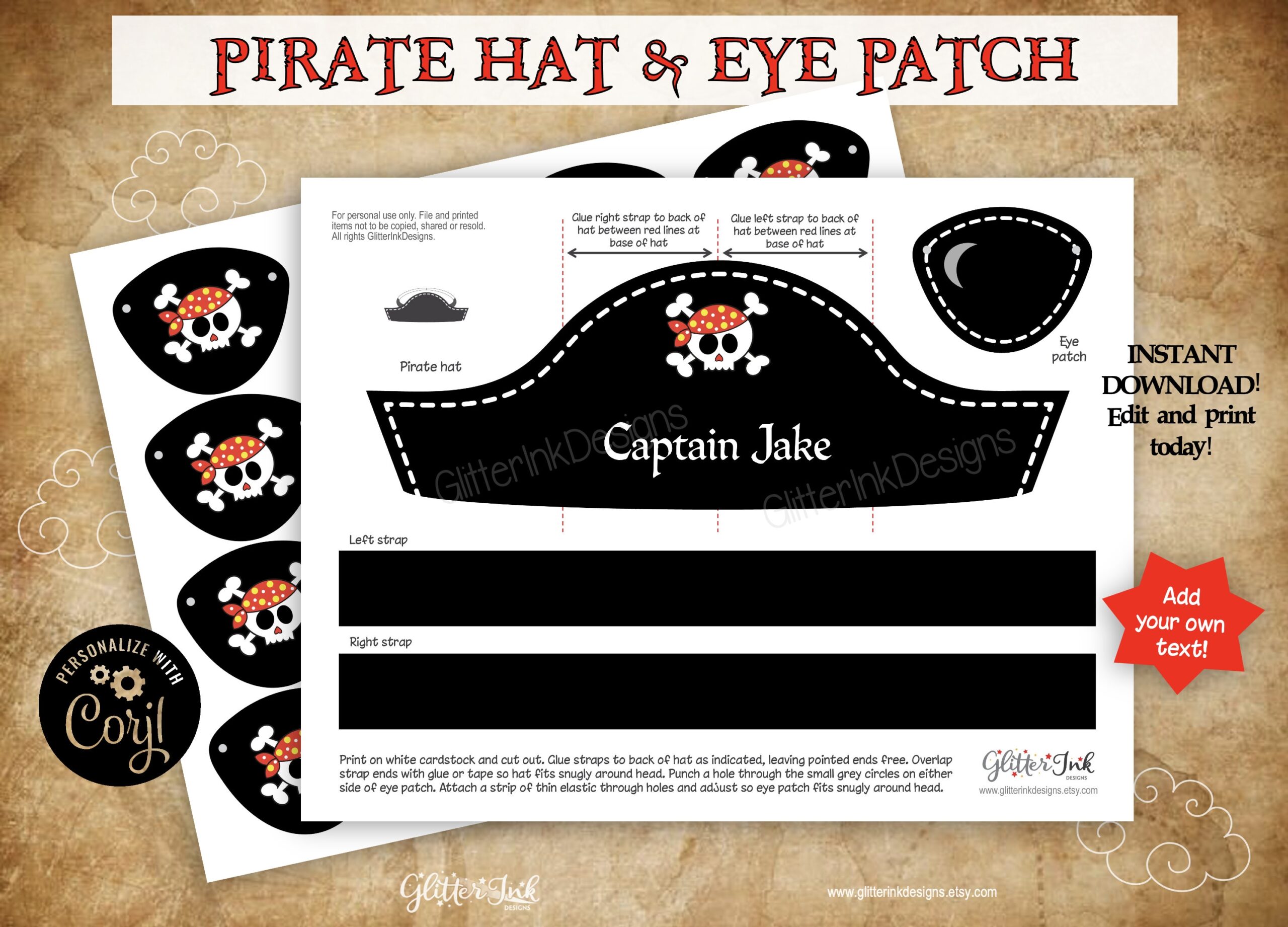 Pirate Hat And Eye Patch Printable Party Props Pirate Party 