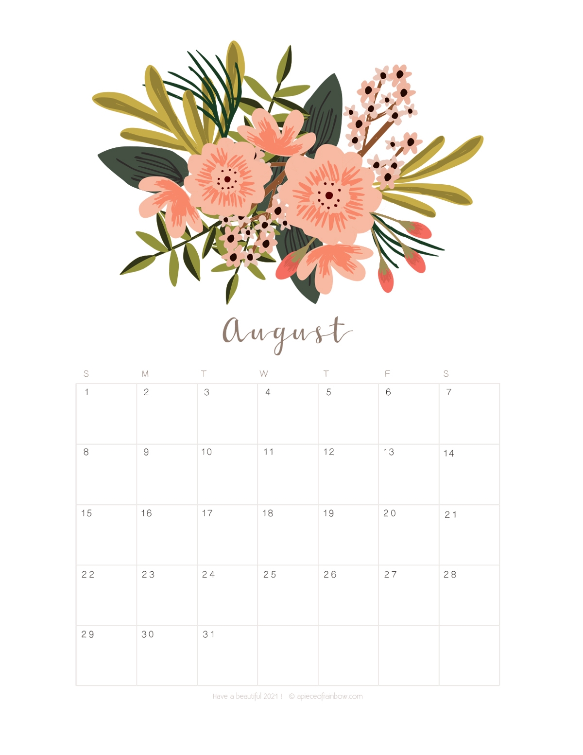 Printable August 2021 Calendar Monthly Planner 2 Designs Flowers U0026 Modern A Piece Of Rainbow