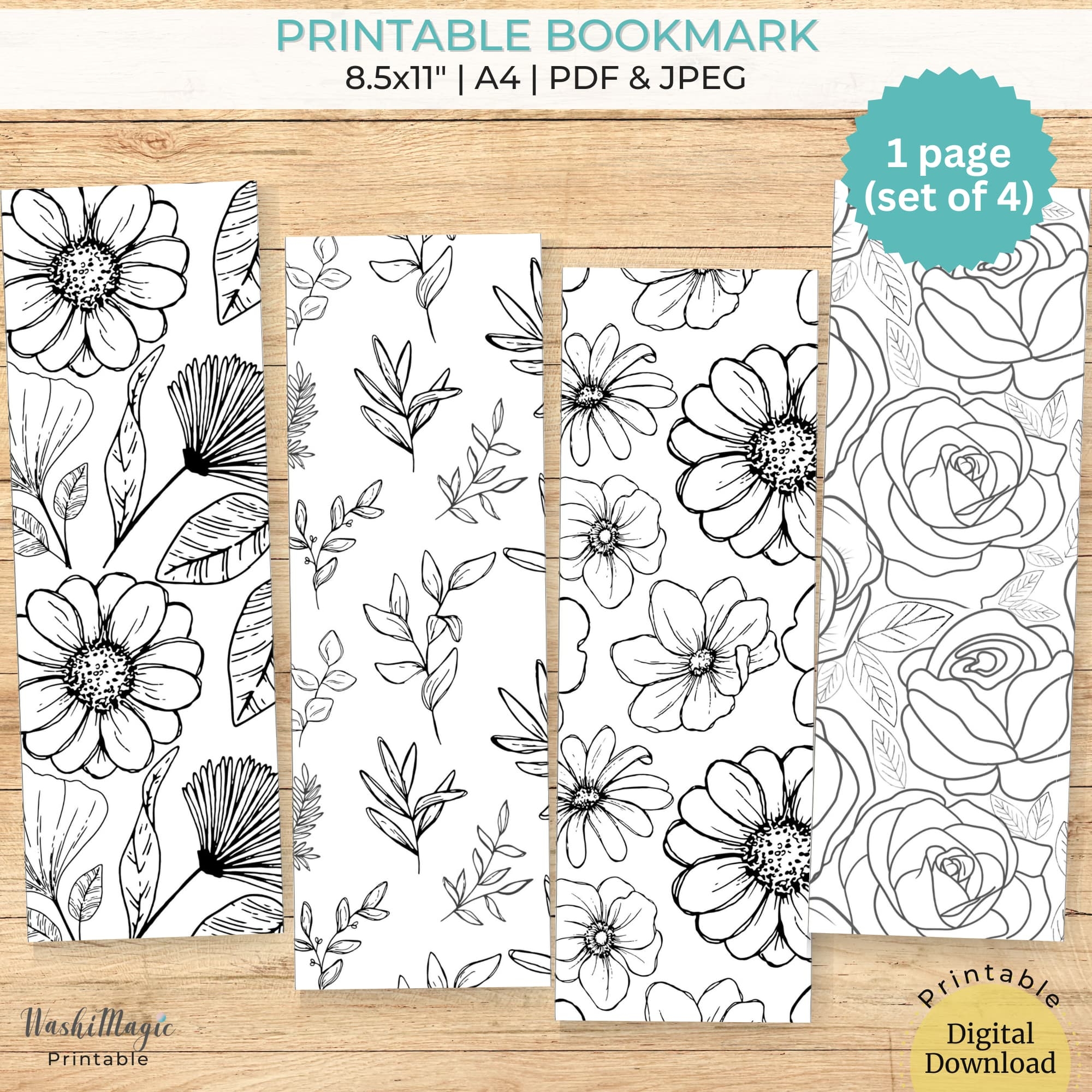 Printable Bookmarks Set Of 4 Black U0026 White Coloring Floral Leaves Payhip