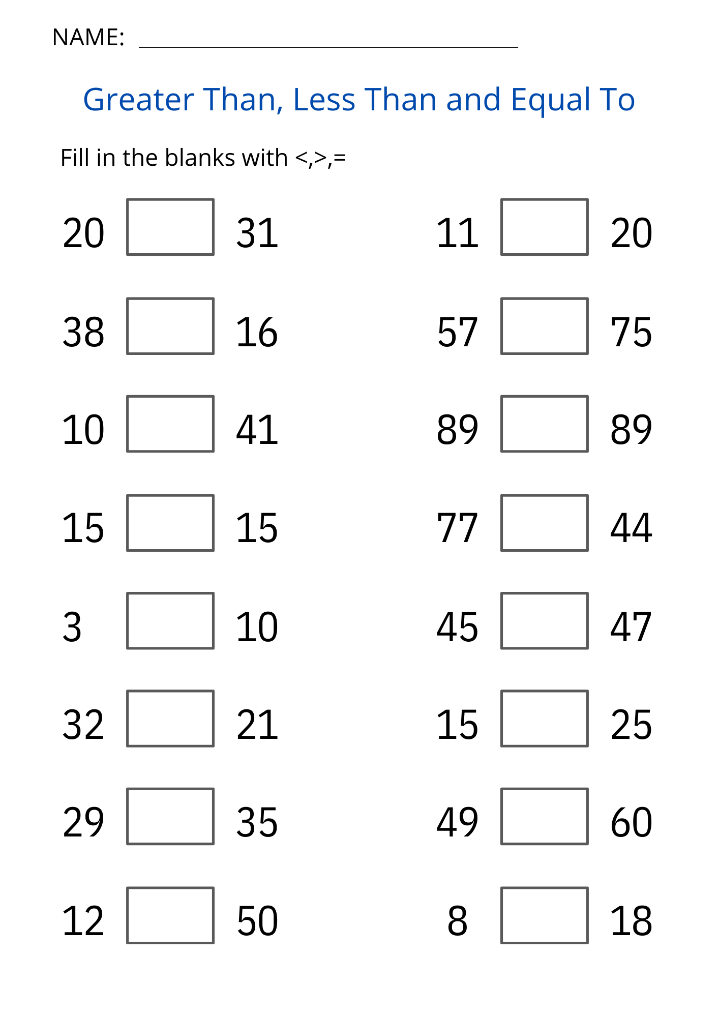 Printable Greater Than Less Than And Equal To Worksheet For Grade 1 2 3 Made By Teachers