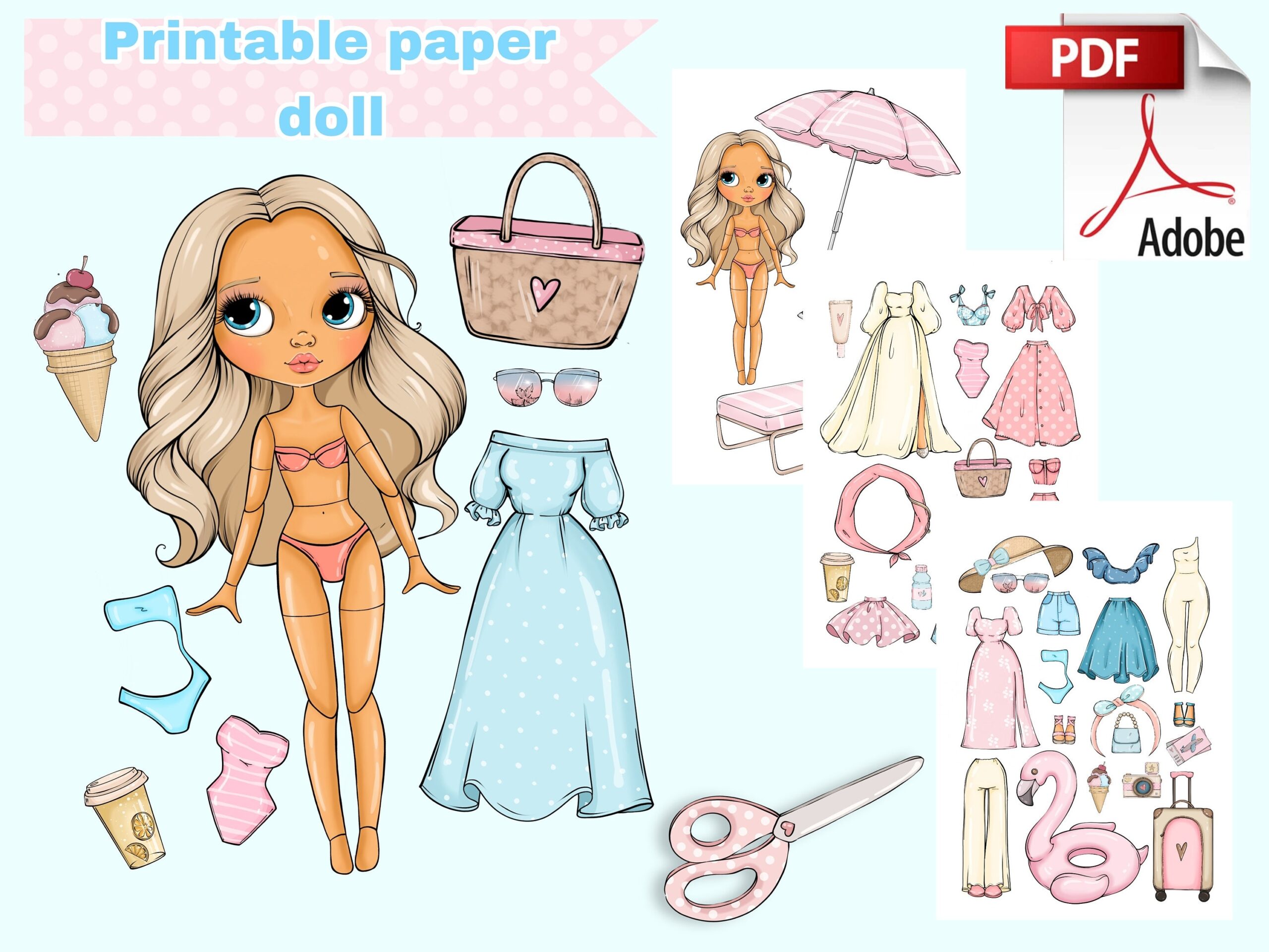 Printable Paper Doll Summer Blythe With Clothes Digital PDF 