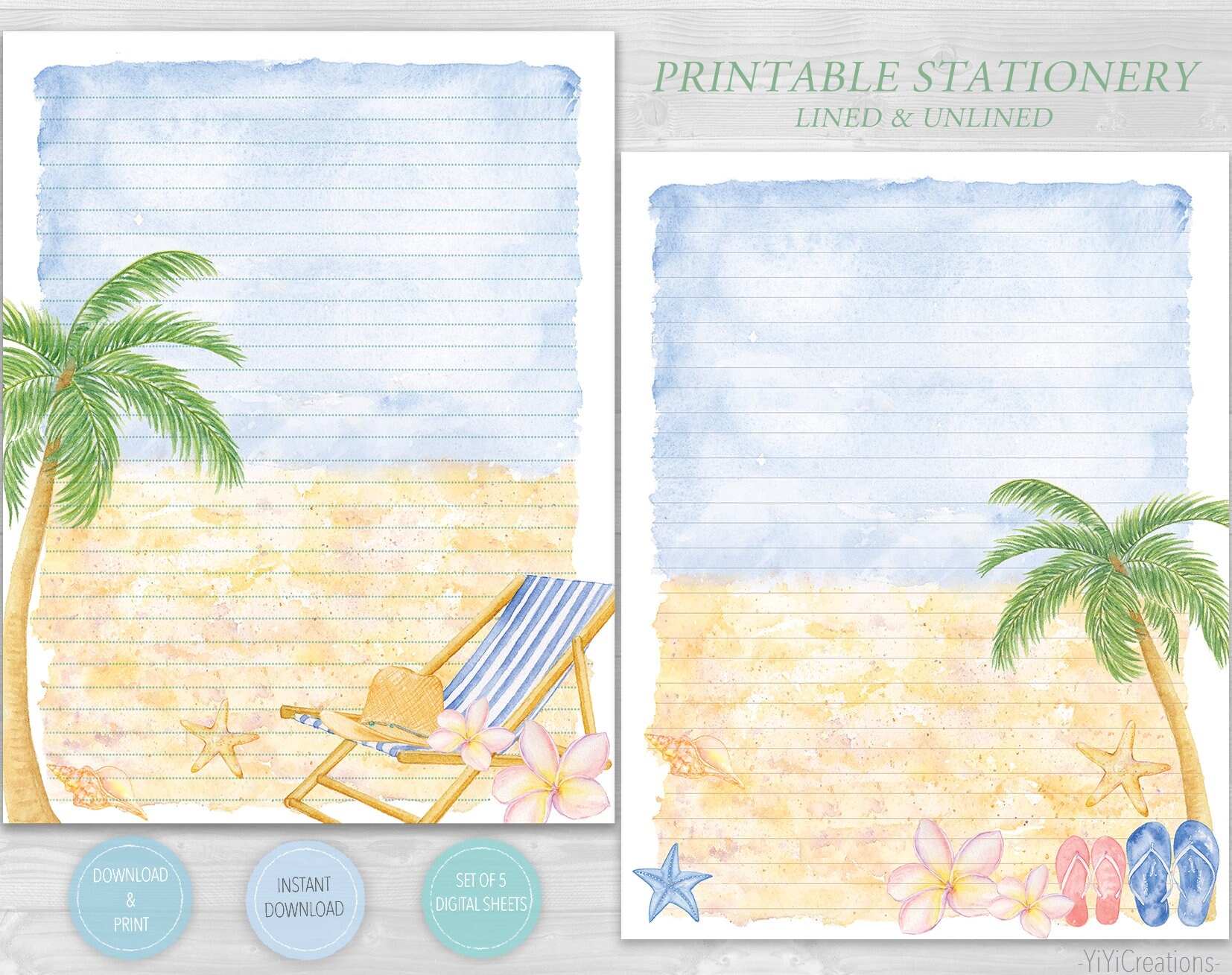 Printable Tropical Palm Tree Letter Paper Beach Theme Writing Stationery Digital Journal Ocean Instant Download Sheet Summer Vacation Etsy