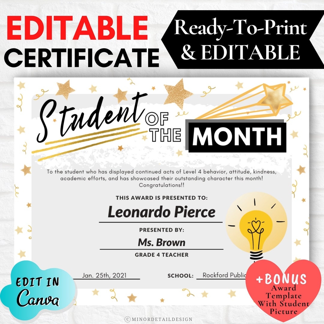 Student Of The Month Certificate Certificate For Students Awards For Students Printable Certificates For School Digital Class Awards Etsy