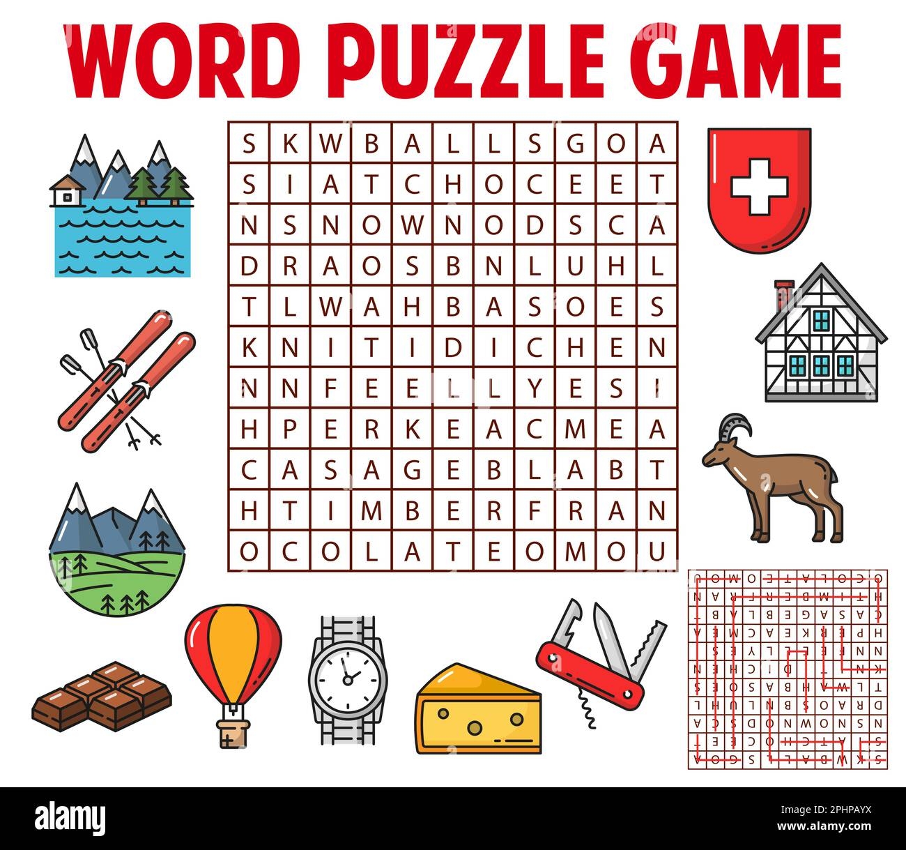 Switzerland And Swiss Items Word Search Puzzle Game Worksheet Kids Quiz With Vector Switzerland Mountains River Ski Chocolate And Balloon Watch Stock Vector Image Art Alamy