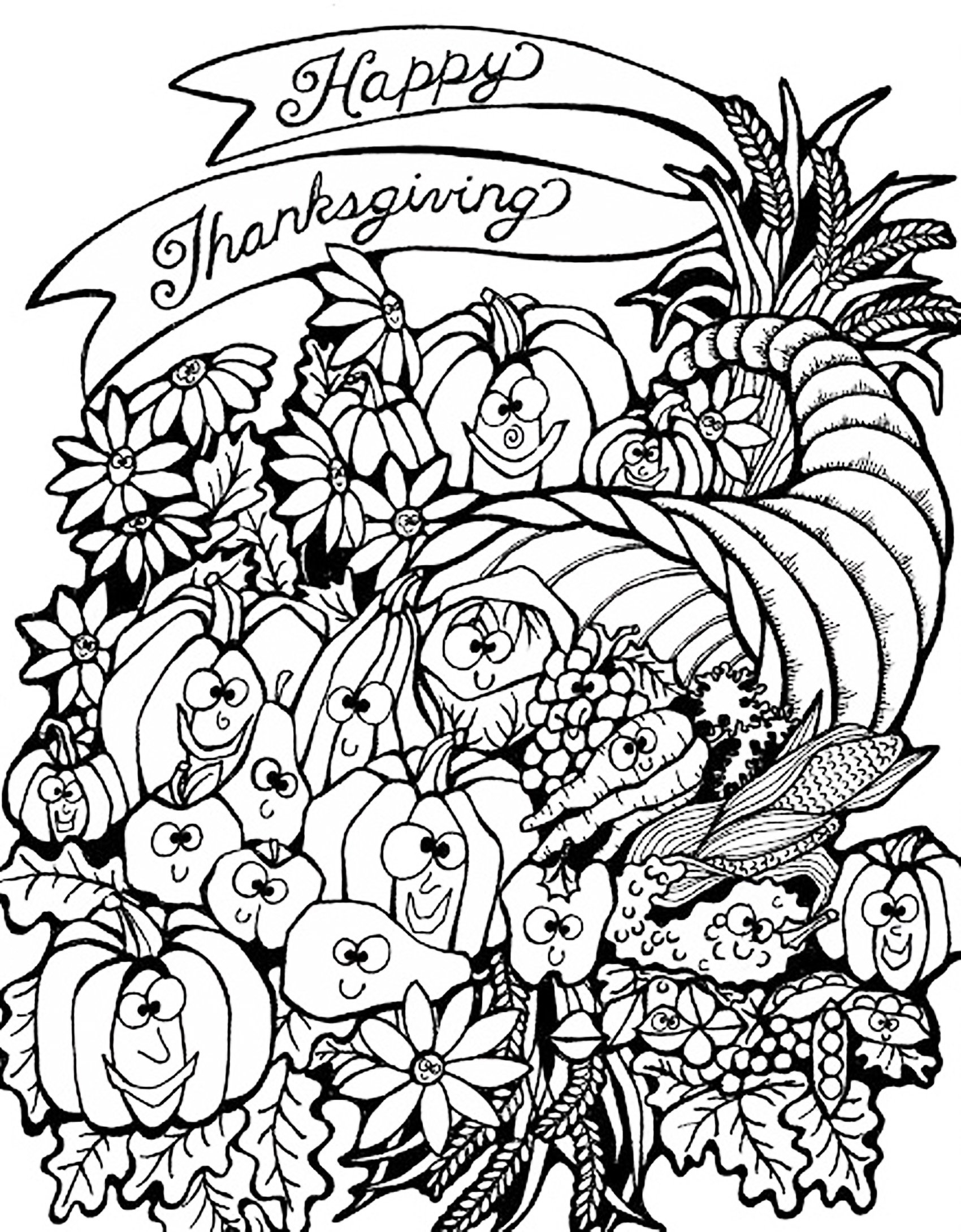 Thanksgiving Harvest Cornucopia Thanksgiving Coloring Pages For Adults Page Coloring art 