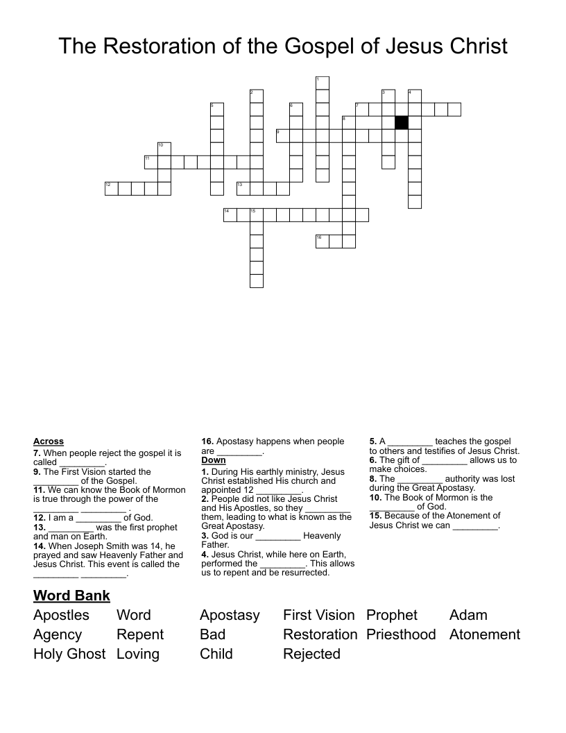 The Restoration Of The Gospel Of Jesus Christ Crossword WordMint
