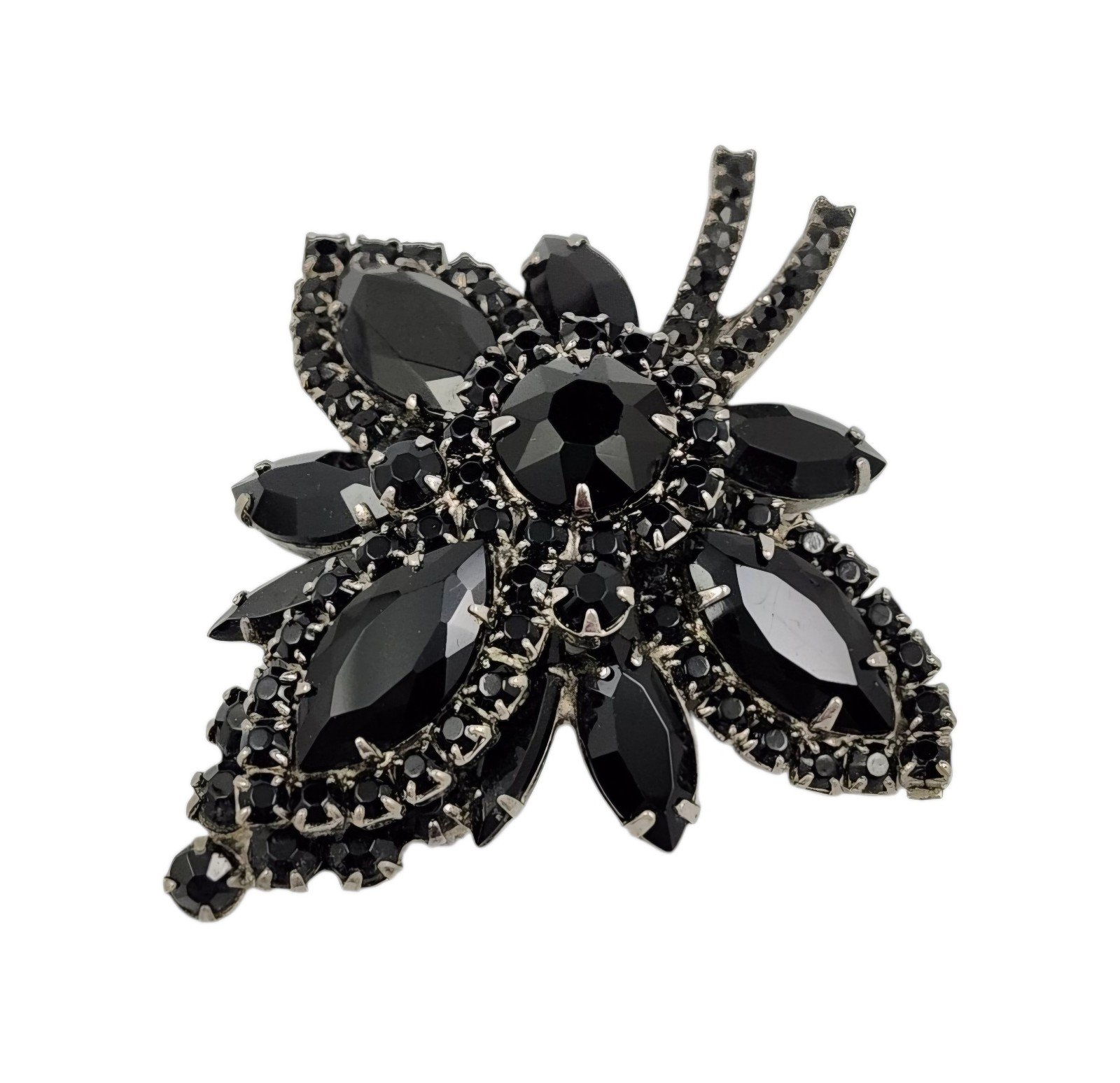 Vintage Juliana Jet Black Leaf Rhinestone Brooch VERIFIED