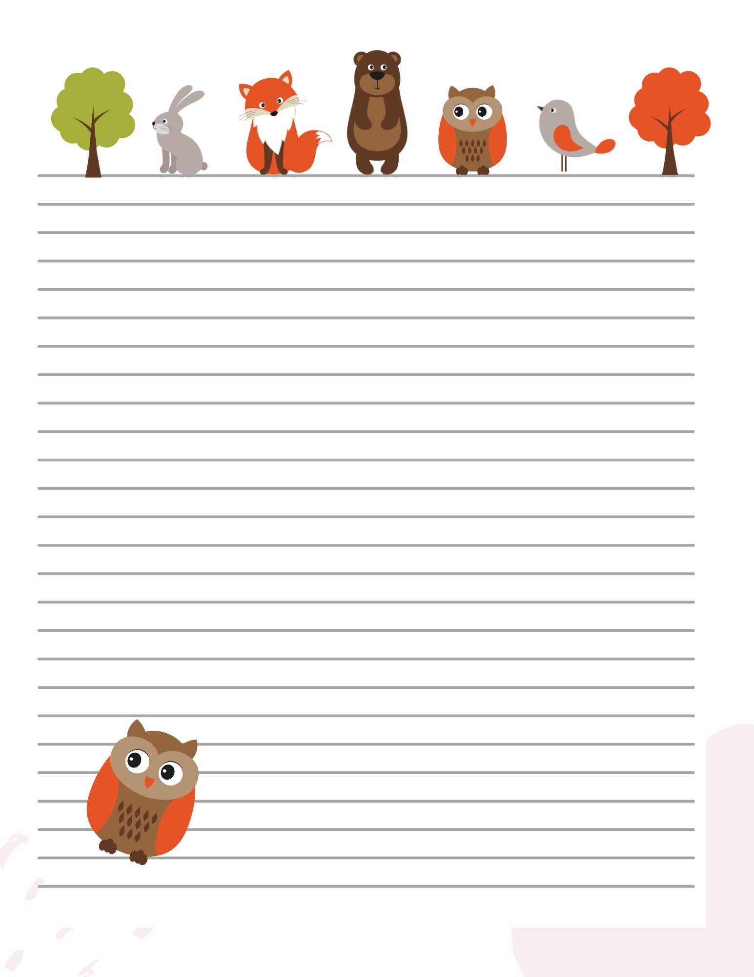 Woodland Animals Letter Template Digital Download Cute Stationery Rabbit Fox Bear Owl Bird Trees Paper Animal Printable Download Etsy