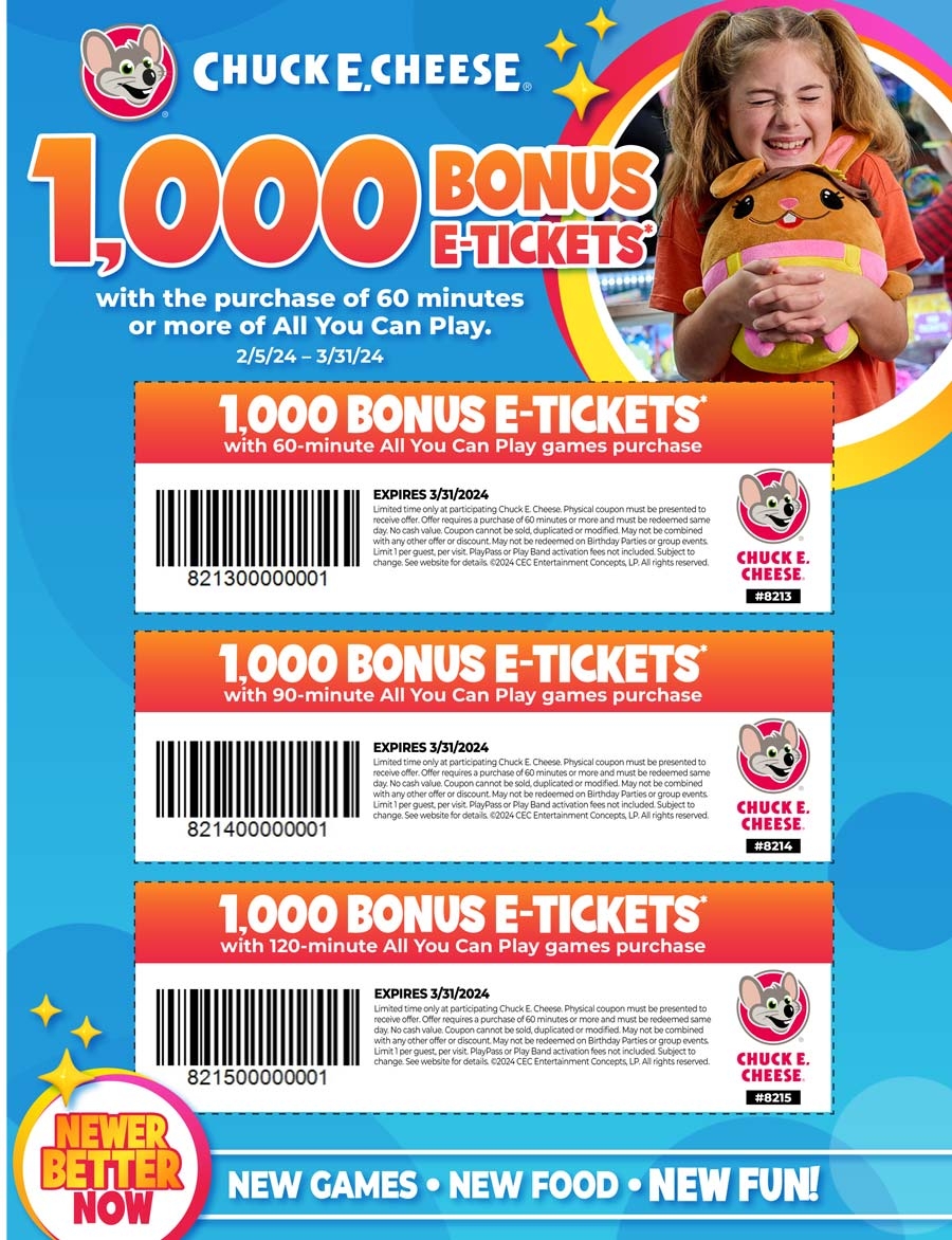 1 000 Bonus Tickets On 60min Games Play At Chuck E Cheese Pizza Chuckecheese The Coupons App  1 000 Bonus Tickets On 60min Games Play At Chuck E Cheese Pizza Chuckecheese The Coupons App