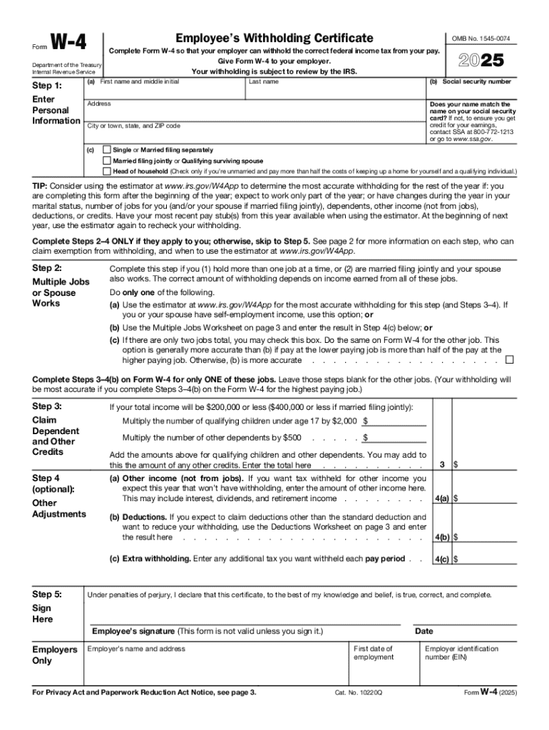 2025 Form IRS W 4 Fill Online Printable Fillable Blank PdfFiller