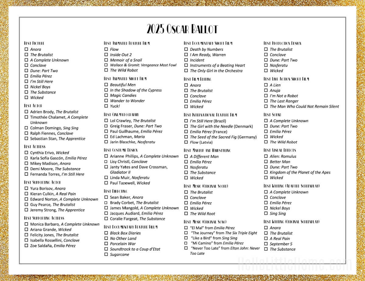 2025 Oscar Ballot Free Printable Hello Little Home