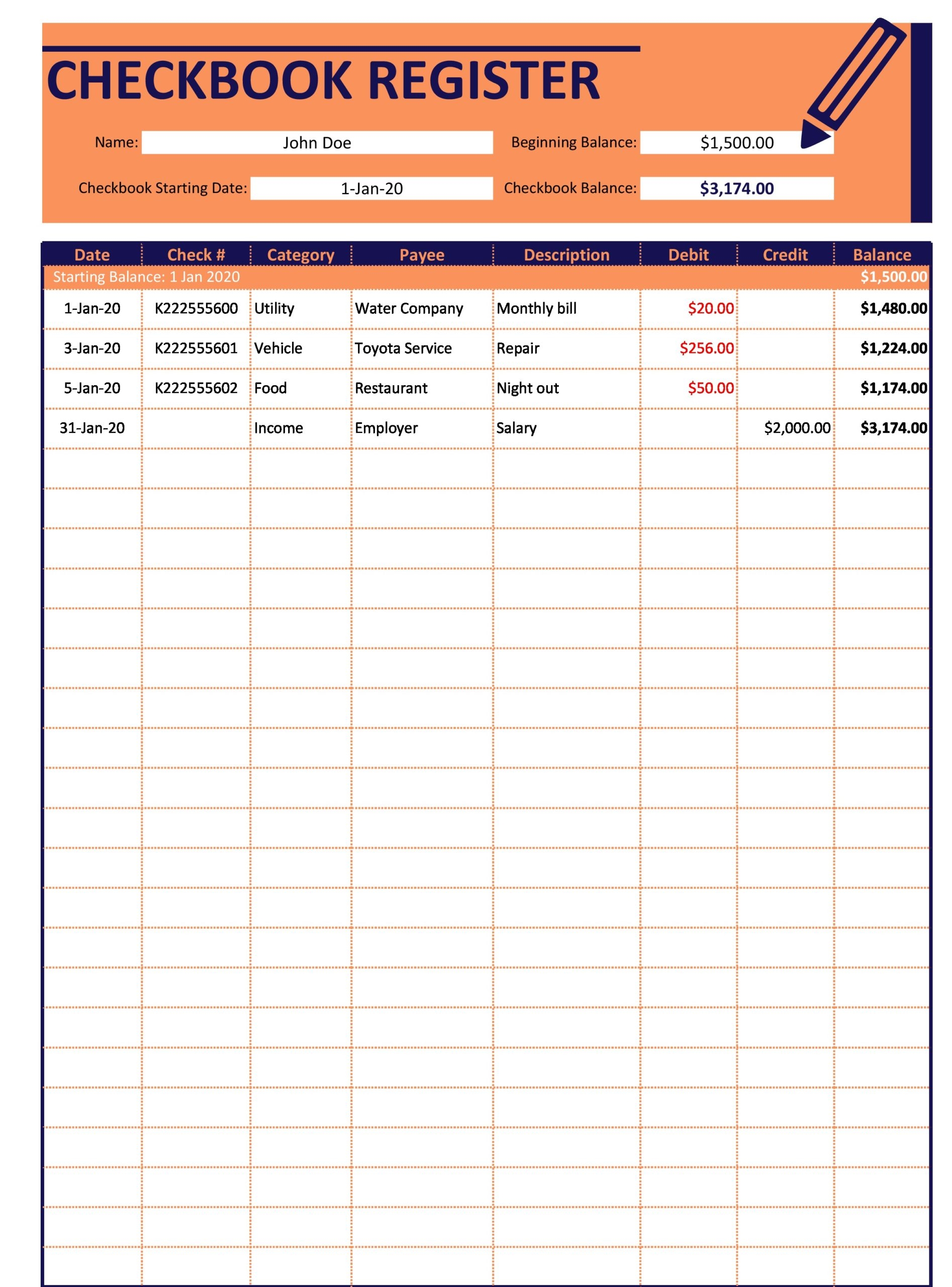 printable checkbook register