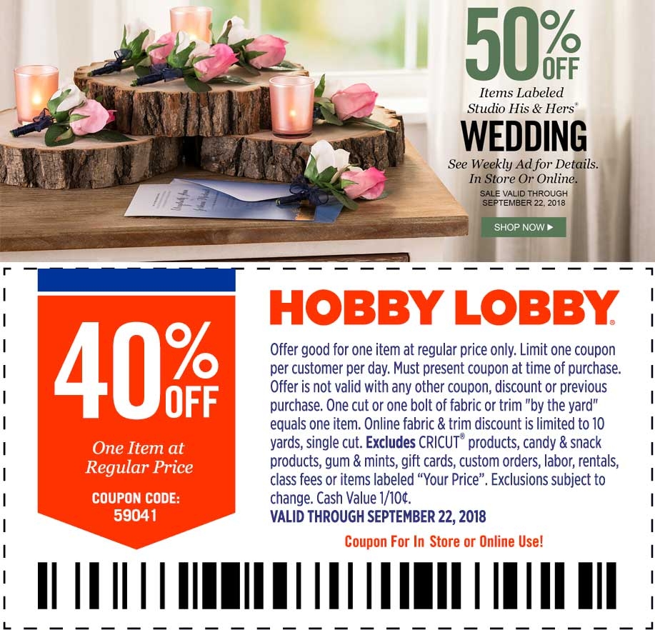 40 Off A Single Item At Hobby Lobby Or Online Via Promo Code 59041 Hobby Lobby September 2025 Coupons Promo Codes Deals 