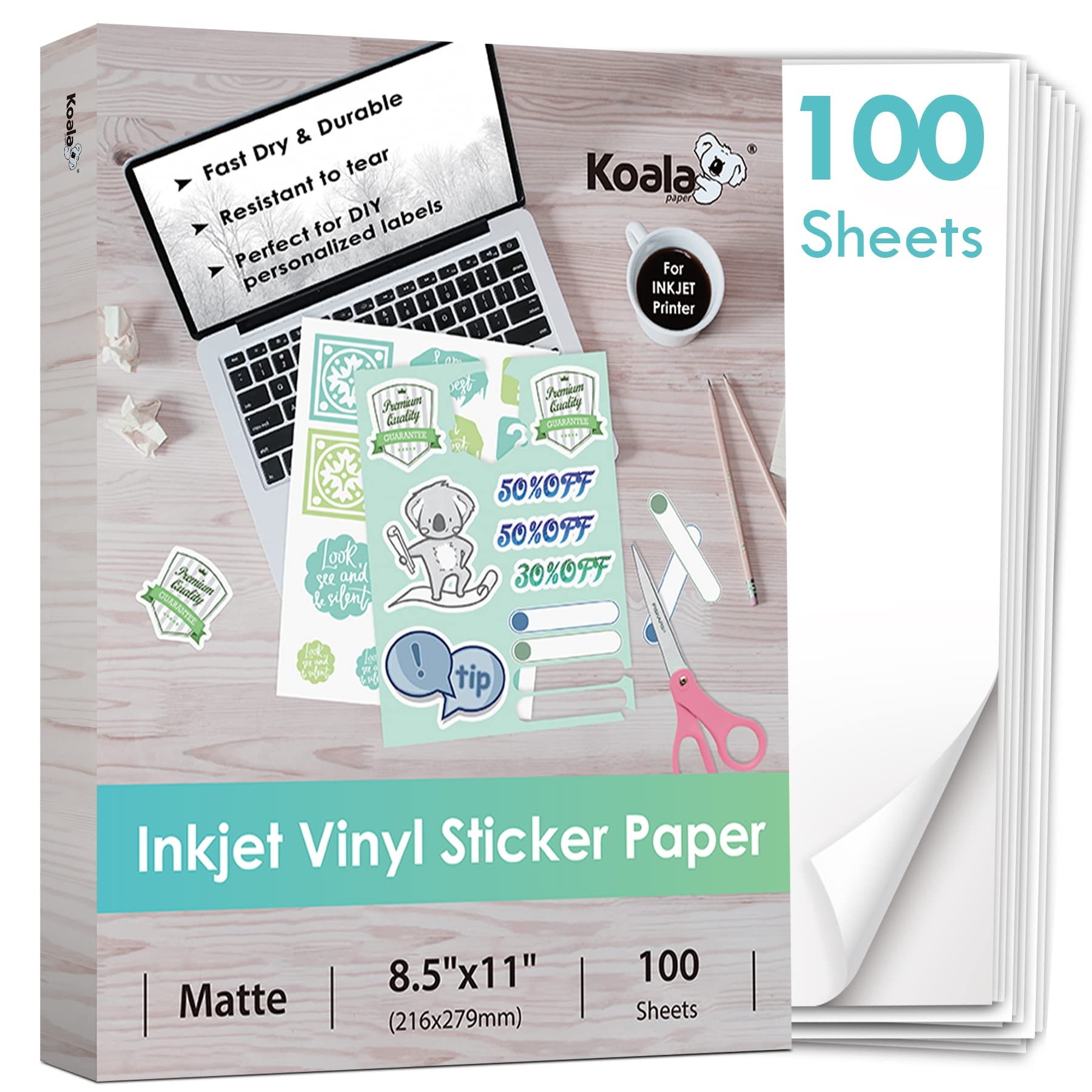 Amazon Koala Printable Vinyl Sticker Paper For Inkjet Printer 100 Sheets Sticker Printer Paper Matte White Waterproof Sticker Paper 8 5x11 Inch Work With Cutting Machine Office Products