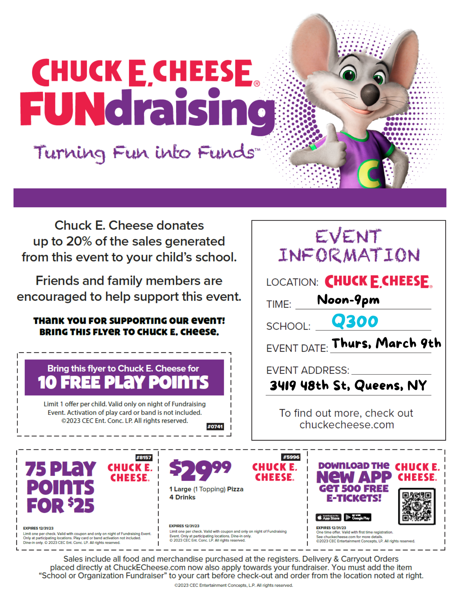 Chuck E Cheese Fundraising 3 9 2023 Q300 PTA Chuck E Cheese Fundraising 3 9 2023 Q300 PTA