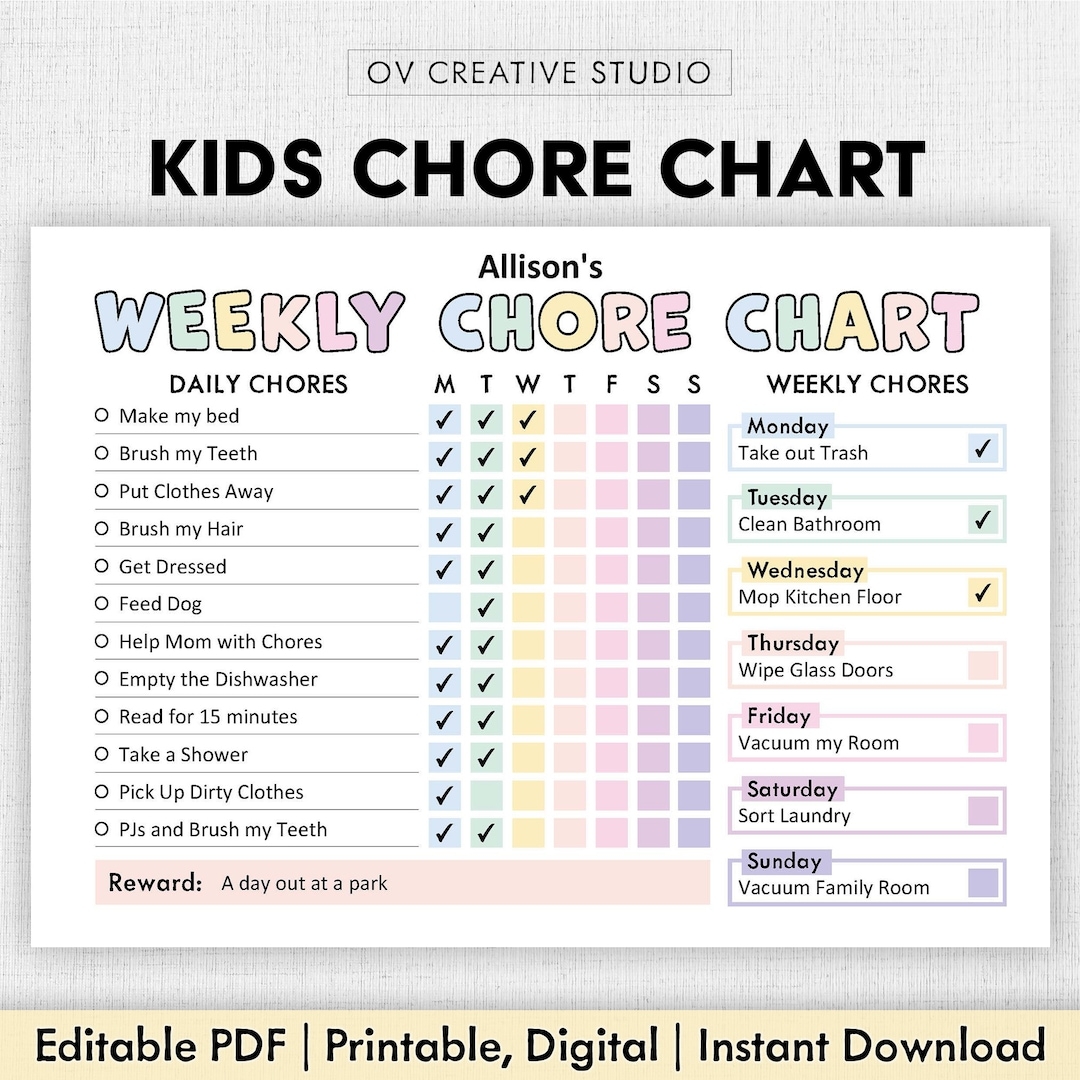 children's chore chart printable children's chore chart printable