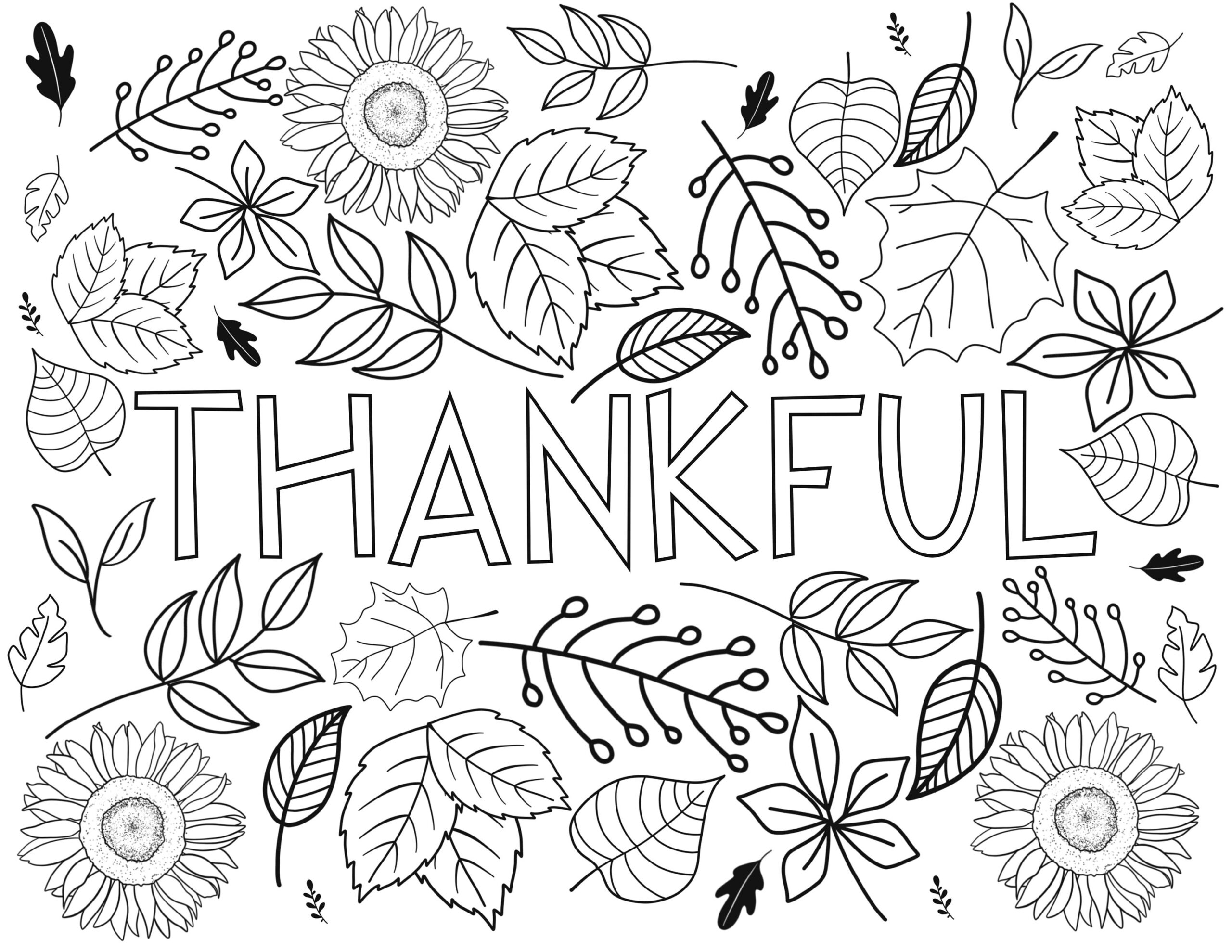 Fall Coloring Page Thankful Leaves Sunflowers PDF Download Etsy