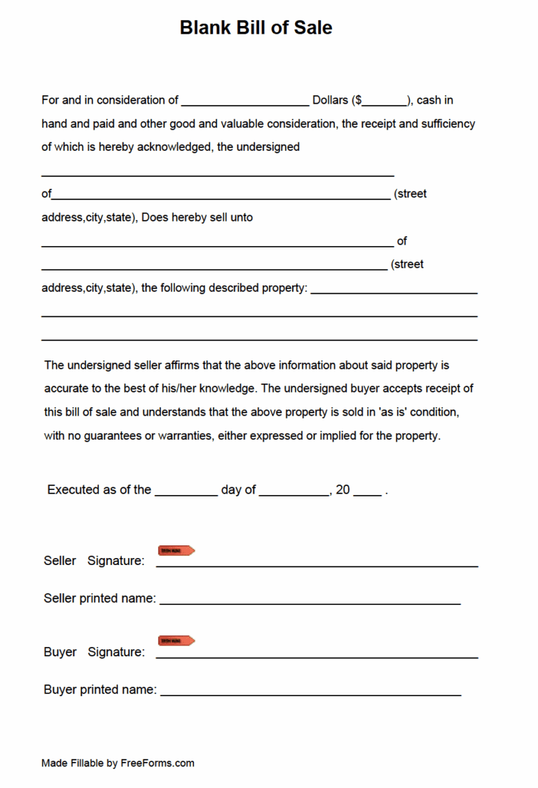 Free Blank Bill Of Sale Form PDF