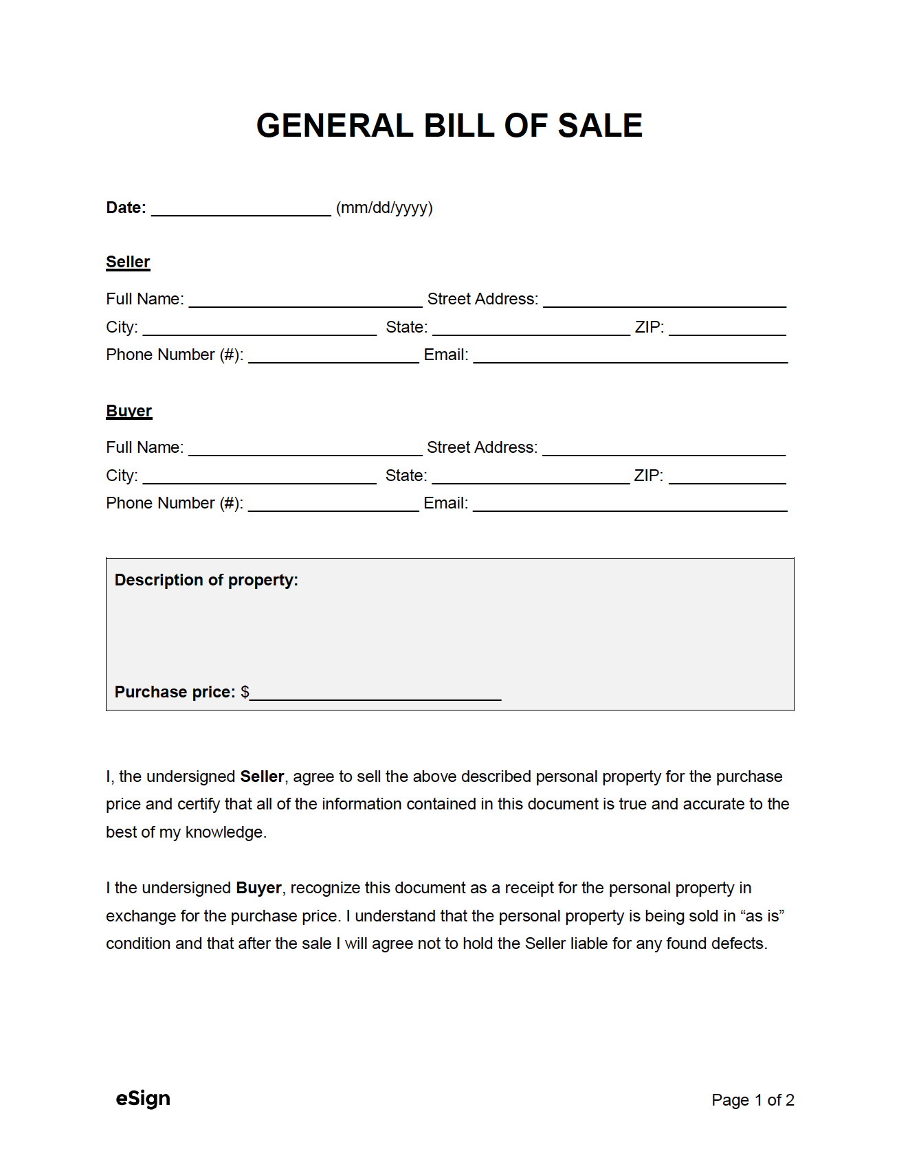 Free General Bill Of Sale Form PDF Word Free General Bill Of Sale Form PDF Word