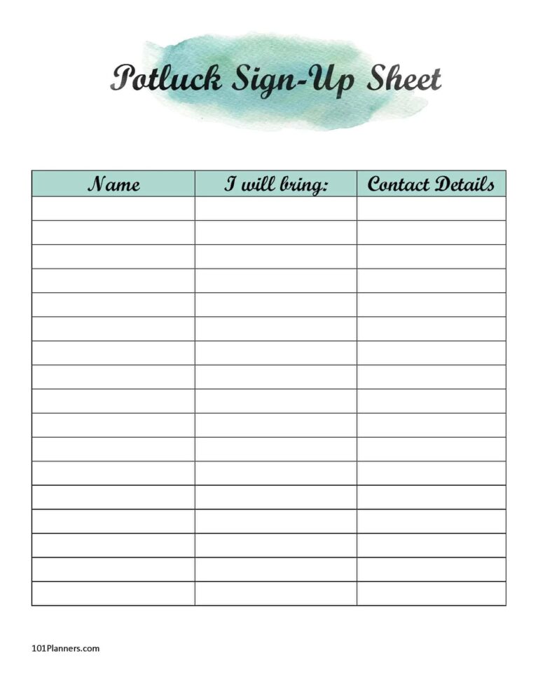 Free Printable Potluck Sign Up Sheet Template
