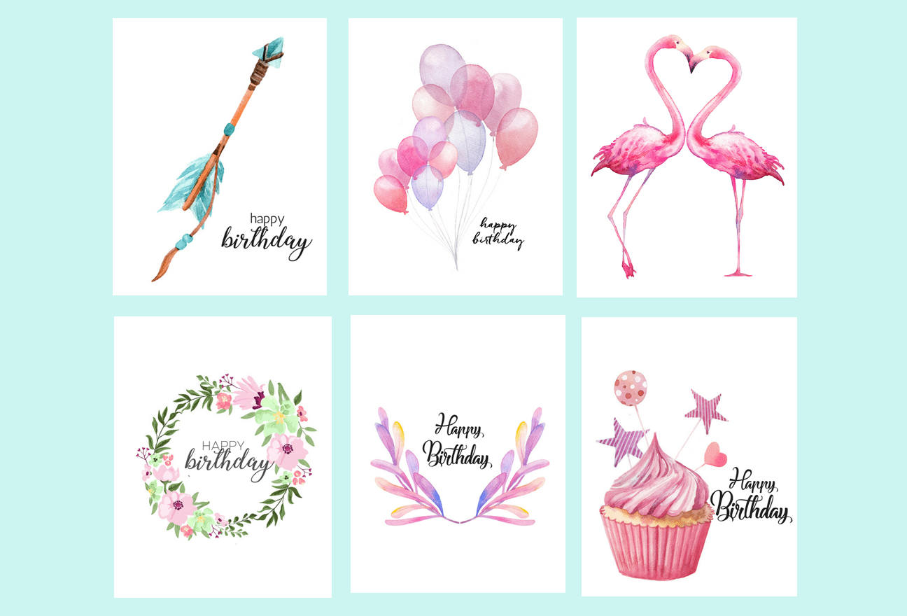 Free Printable Watercolor Birthday Cards Flamingo Balloons Arrow Cupcake TINSELBOX Free Printable Watercolor Birthday Cards Flamingo Balloons Arrow Cupcake TINSELBOX
