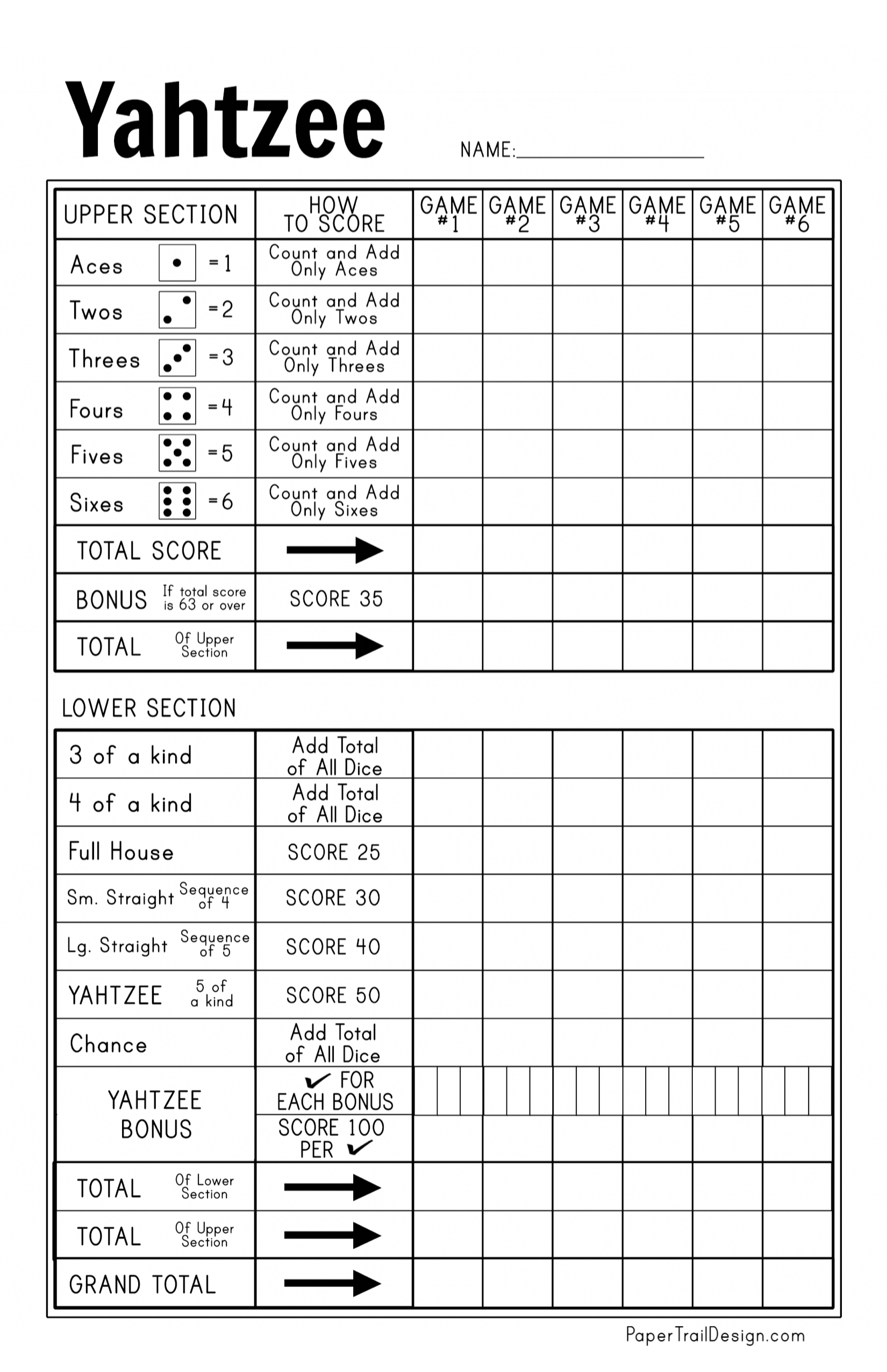 Free Printable Yahtzee Score Card Paper Trail Design Free Printable Yahtzee Score Card Paper Trail Design