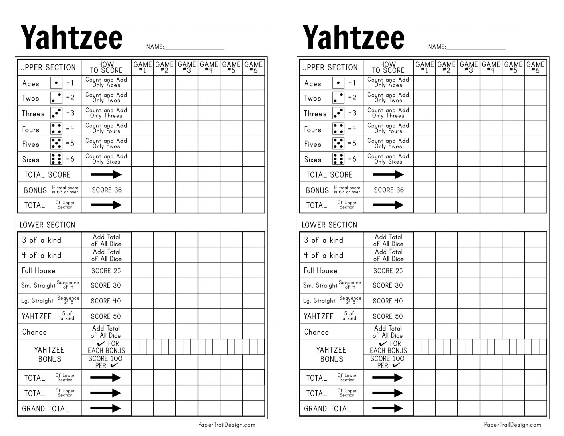 Free Printable Yahtzee Score Card Paper Trail Design Free Printable Yahtzee Score Card Paper Trail Design