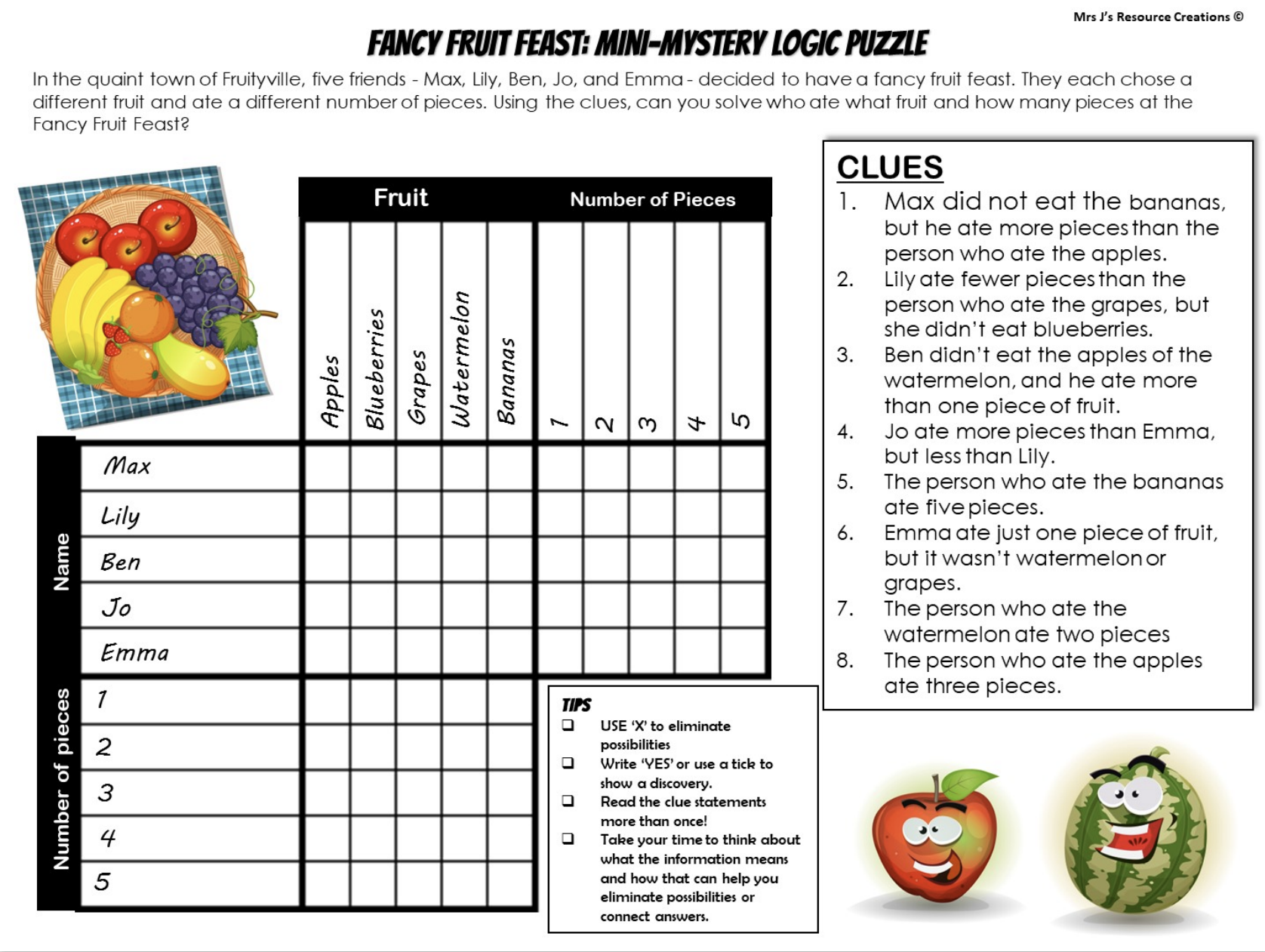 Fruit Mystery Logic Puzzle Brain Teaser Worksheet Activity Free 21 JJ Resource Creations Fruit Mystery Logic Puzzle Brain Teaser Worksheet Activity Free 21 JJ Resource Creations