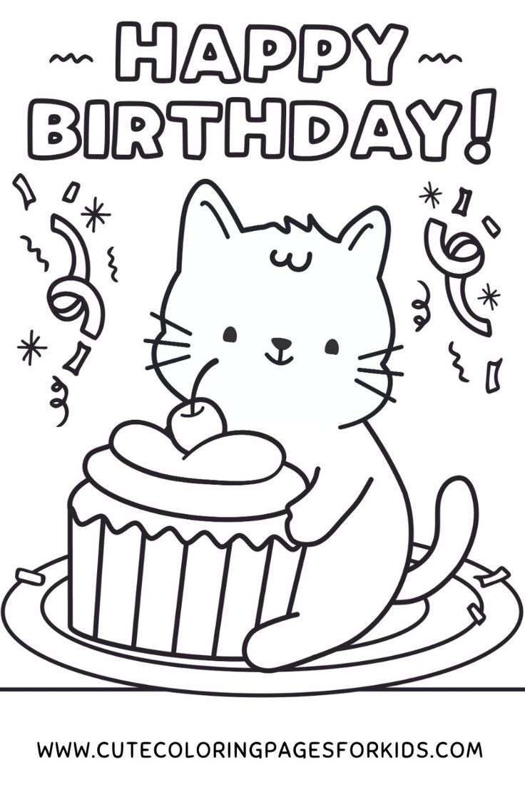 Happy Birthday Kitty Cat Cute Free Printable Coloring Page For Kids