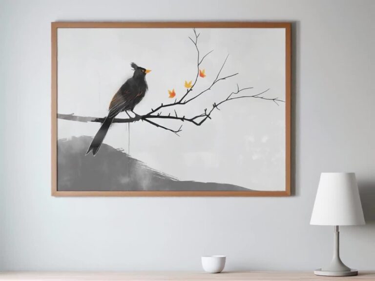 Minimalist Bird On Branch Digital Painting Modern Nature Wall Art Black And White Printable Art Digital Downloadable Artwork Etsy