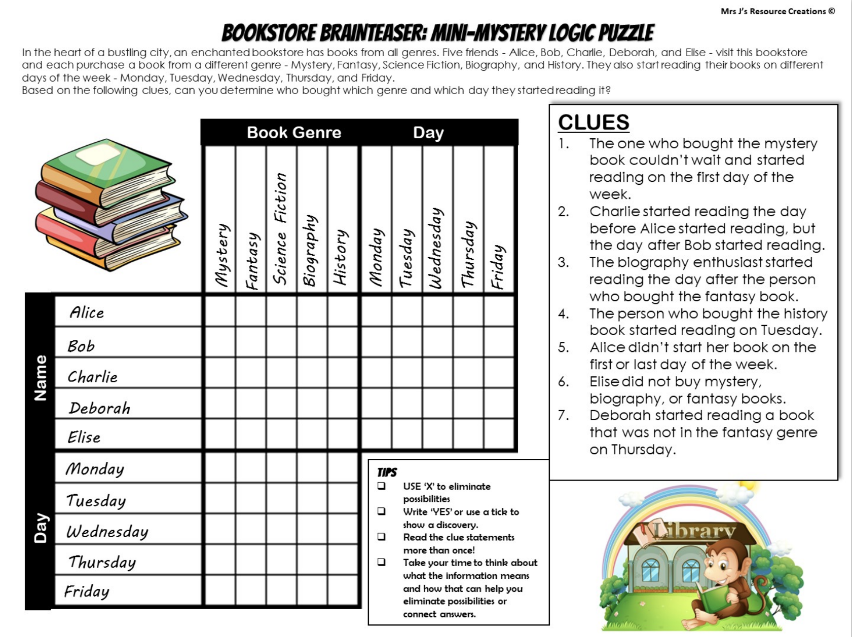 Mystery Logic Puzzle Brain Teaser Worksheet Activity Free 19 Book Week JJ Resource Creations Mystery Logic Puzzle Brain Teaser Worksheet Activity Free 19 Book Week JJ Resource Creations