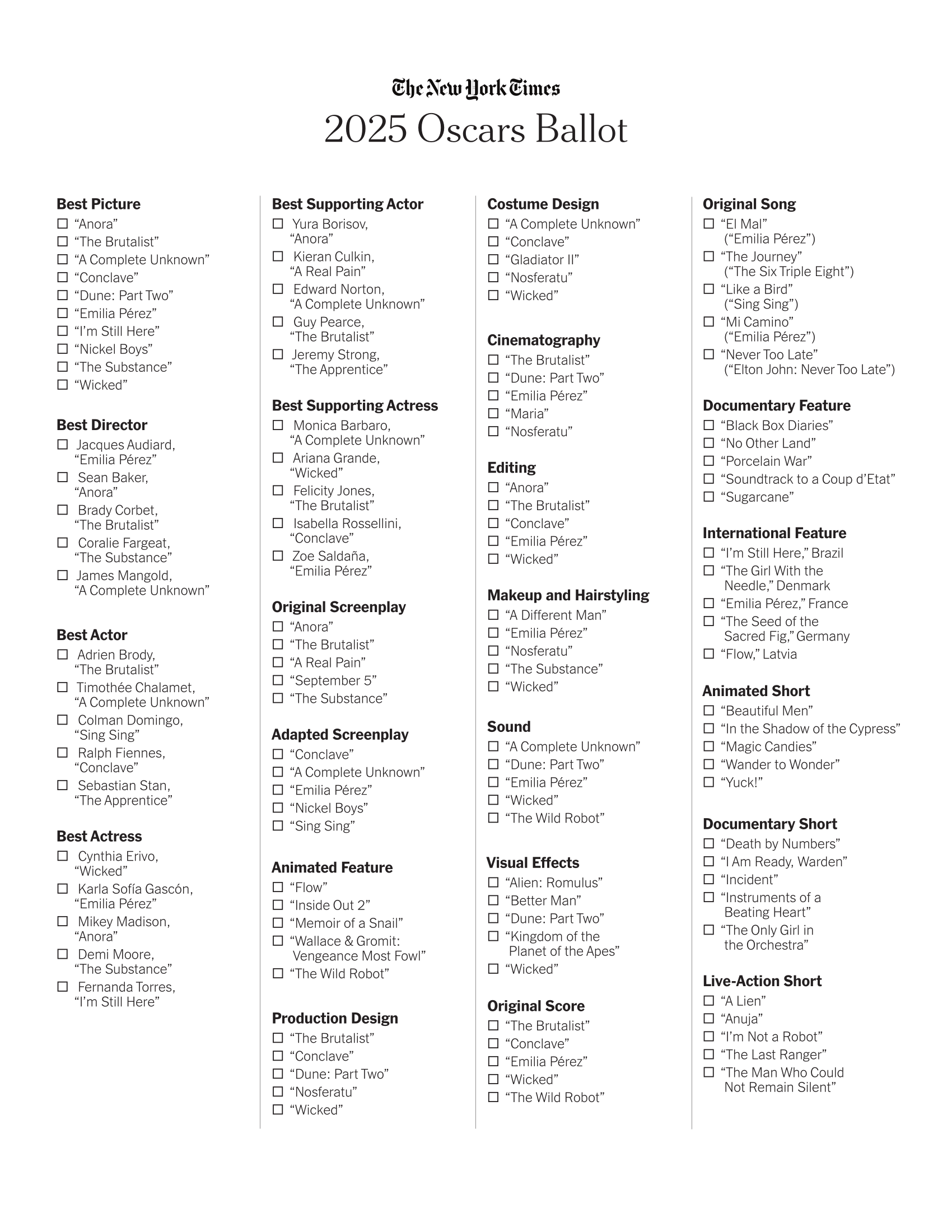 Oscars 2025 Print Your Ballot To Make Your Predictions The New York Times