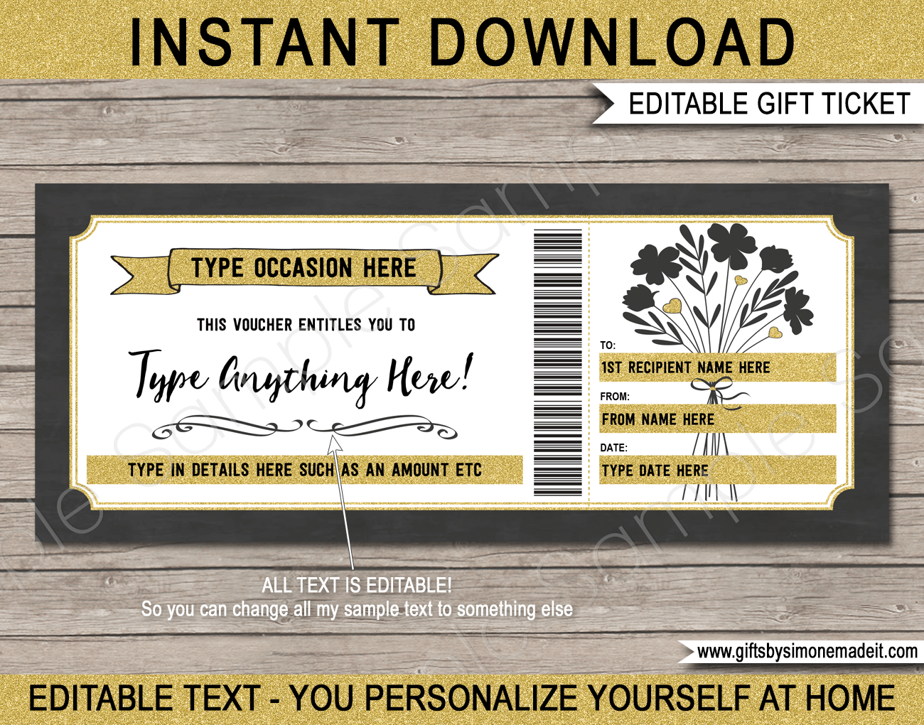 Printable Gift Voucher Template Gift Certificate Gift Card Editable Text