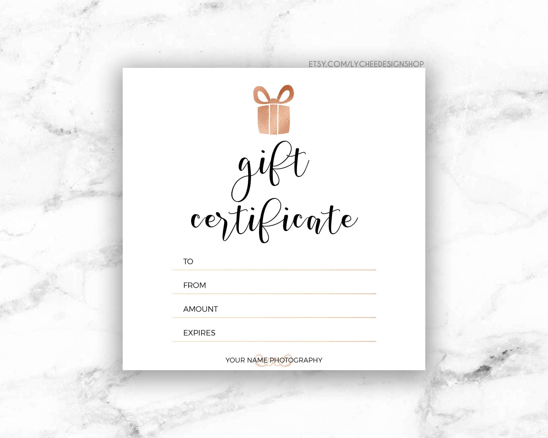 Printable Rose Gold Gift Certificate Template Editable Photography Studio Gift Card Design Photoshop Template PSD INSTANT DOWNLOAD Etsy