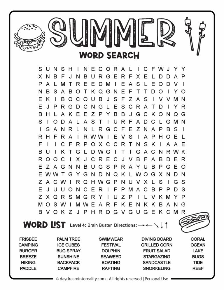 Summer Word Search Free PDF Printables 6 Levels Of Difficulty Daydream Into Reality